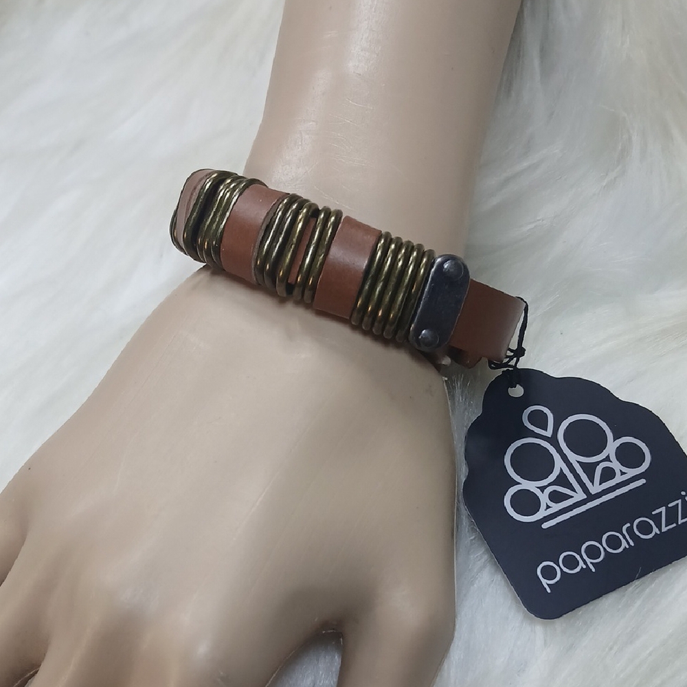 Paparazzi Men's Leather Brown Bracelet with Brass Accents Urban